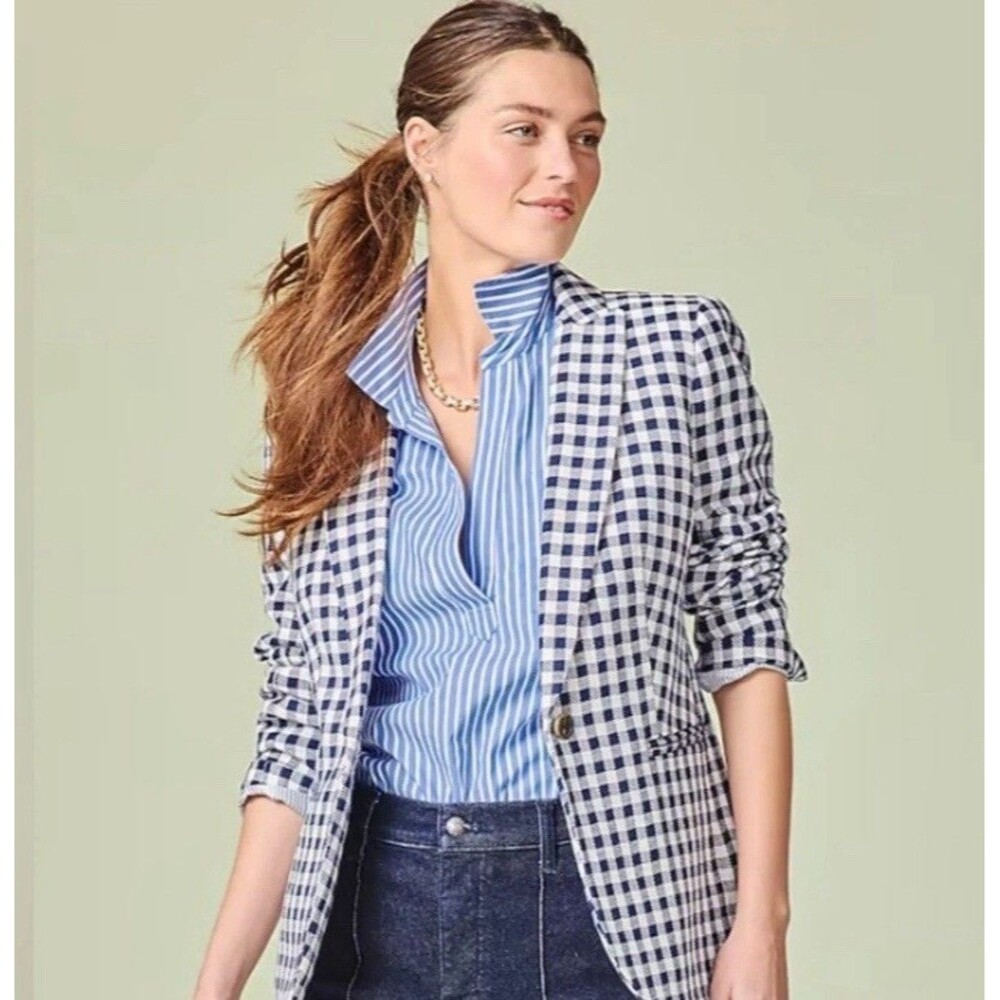 New J. Crew Parke Size 00 NWT Navy Gingham Check Blazer Preppy Classic Coastal